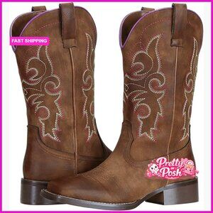 PU Leather Western Square Toe Cowboy Boots Wide Calf Mid-Calf